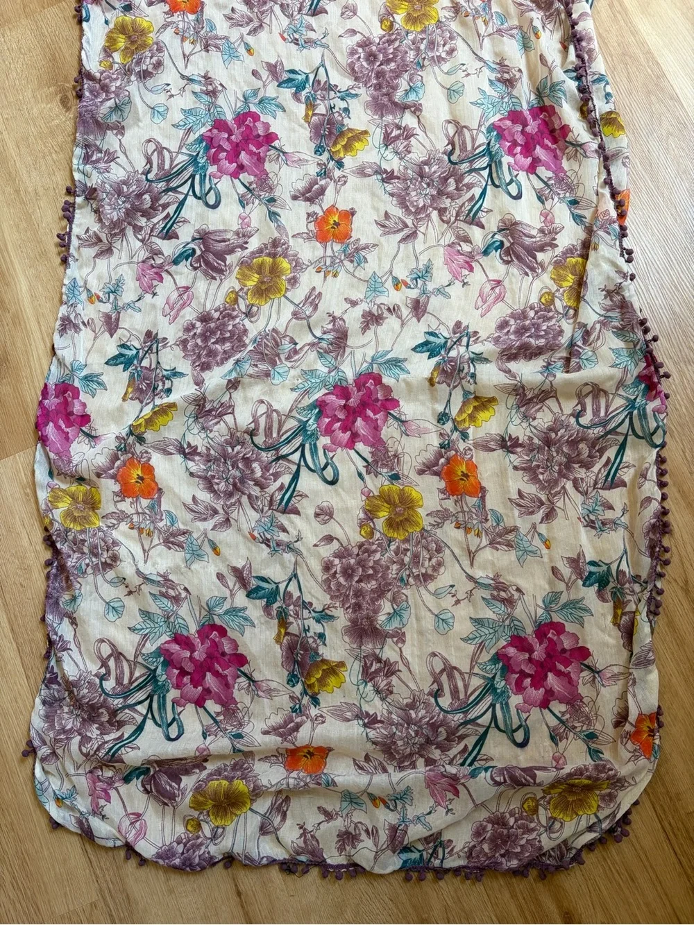 Floral Scarf Lavender Pink Yellow Pom Pom Trim Lightweight preppy boho rectangle